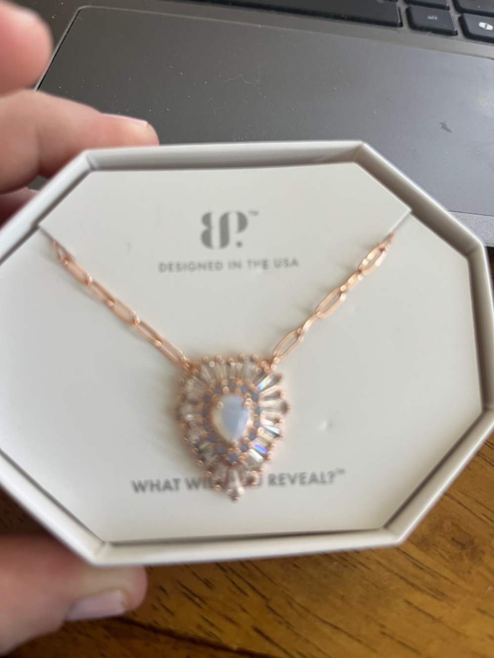 Rose Gold Teardrop Pendant Necklace with Opalescent Center, NIB